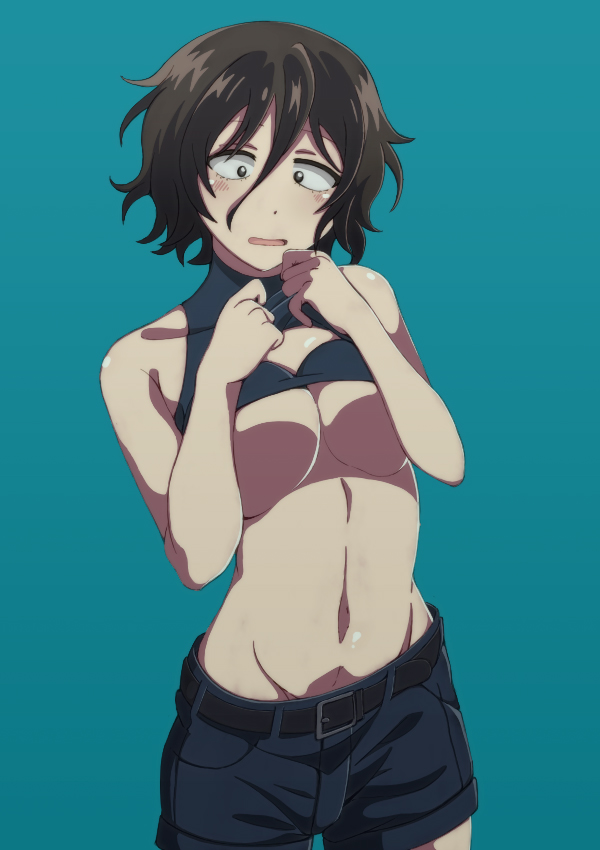 1girl, asai_akira, bare_arms, bare_shoulders, black_hair, blue_background, breast_press, breast_suppress