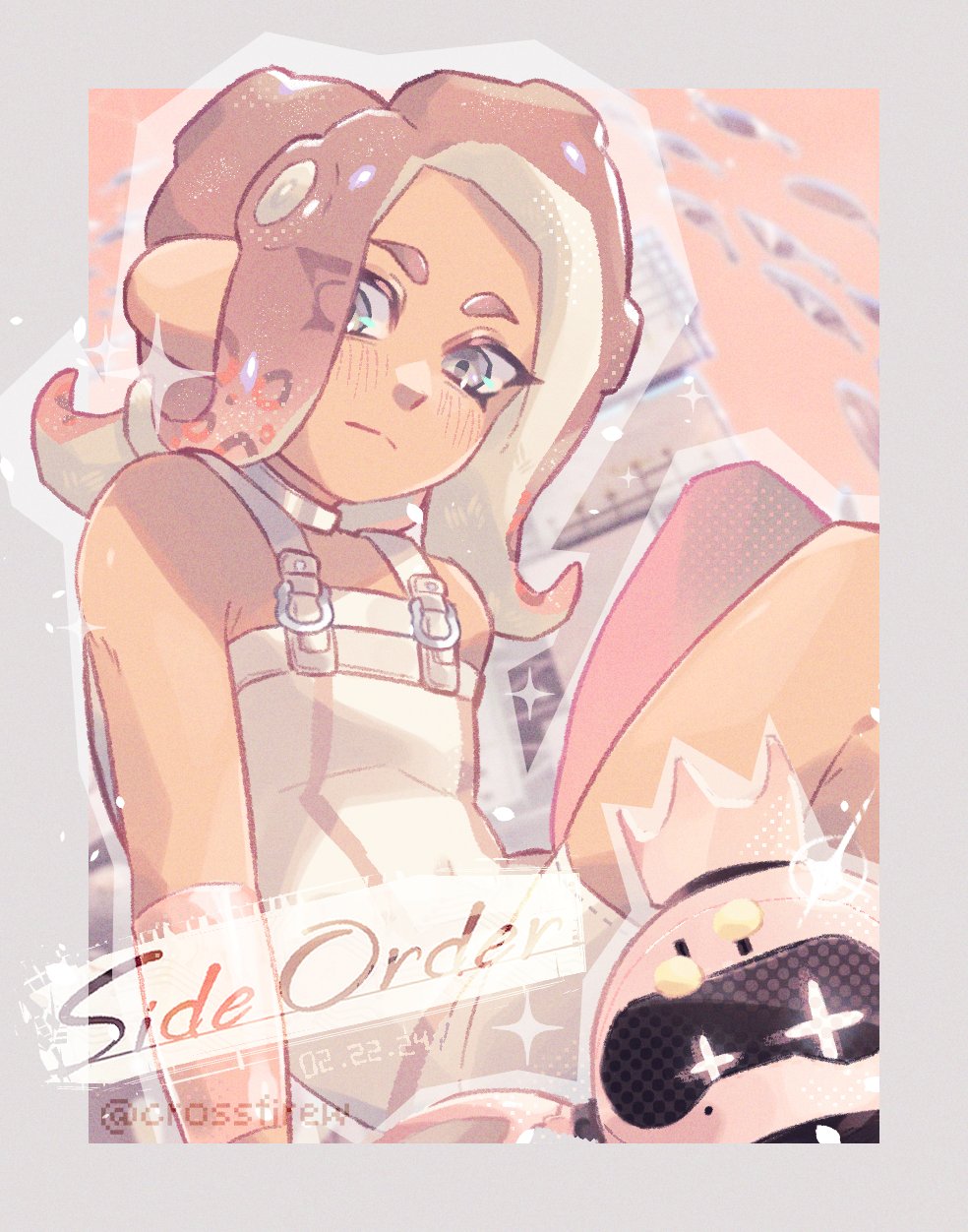 1girl, agent_8_(splatoon), armpit_crease, bodysuit, border, brown_hair, closed_mouth, commentary