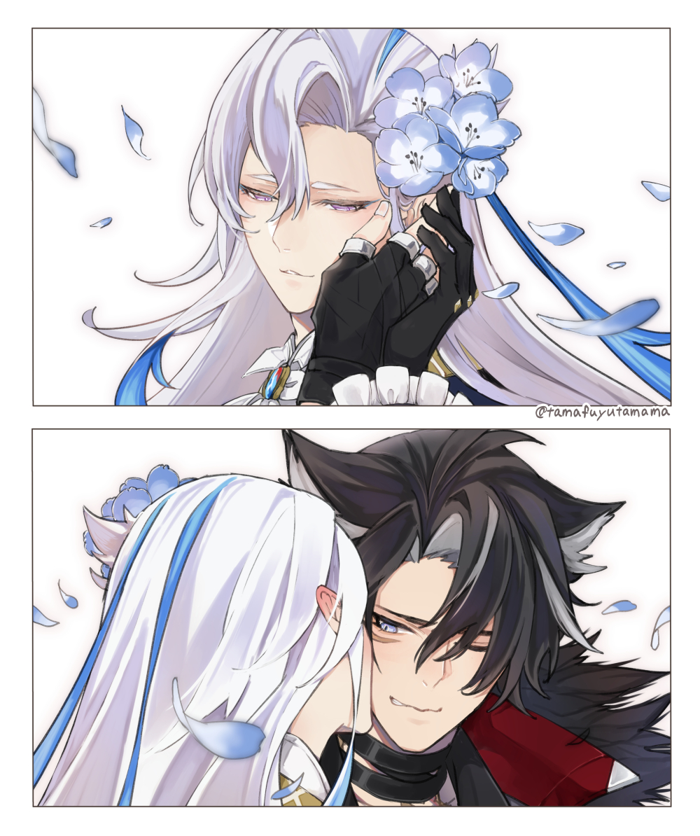 2boys, artist_name, ascot, asymmetrical_bangs, bandaged_neck, bandages, black_gloves, black_hair