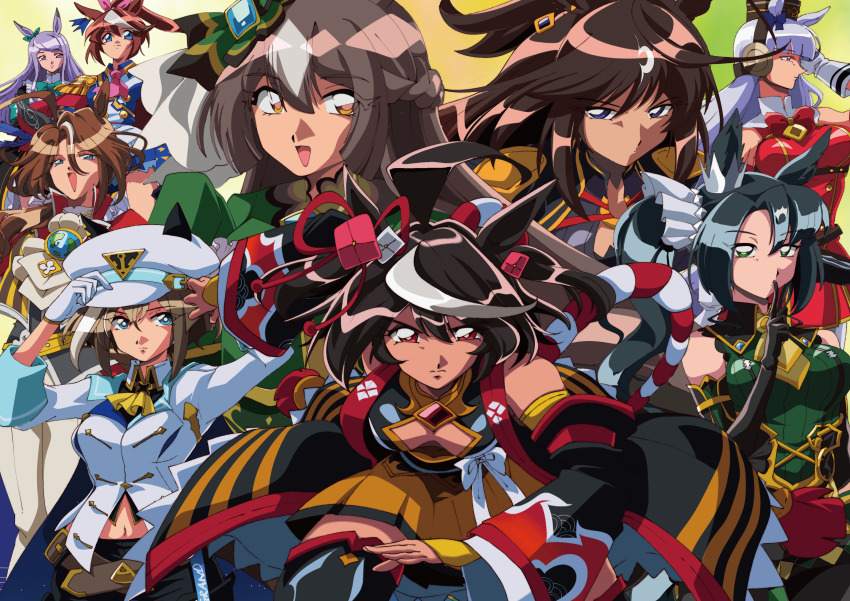 1990s_(style), 6+girls, absurdres, adjusting_hair, ahoge, animal_ears, anime_coloring, ascot