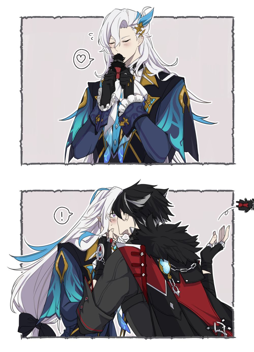 !, 2boys, ascot, asymmetrical_bangs, black_bow, black_coat, black_gloves, black_hair, black_shirt, blue_coat, blue_hair, blush, border, bow, buttons, chain, character_doll, closed_eyes, coat, coat_on_shoulders, commentary_request, doll, earrings, facing_away, fingerless_gloves, flying_sweatdrops, frilled_sleeves, frills, from_behind, fur-trimmed_coat, fur_trim, genshin_impact, gloves, gold_trim, grey_background, grey_hair, hair_between_eyes, hair_bow, hair_ornament, hand_on_another's_chin, hands_up, heart, highres, holding, holding_doll, jewelry, kiss, lapels, long_hair, long_sleeves, looking_at_another, low-tied_long_hair, male_focus, multicolored_hair, multiple_boys, multiple_views, neuvillette_(genshin_impact), object_kiss, outline, outside_border, parted_bangs, pointy_ears, purple_eyes, shirt, short_hair, short_sleeves, simple_background, sleeve_cuffs, speech_bubble, spoken_exclamation_mark, spoken_heart, streaked_hair, stud_earrings, surprised, sweatdrop, tamafuyutamama, throwing, u_u, upper_body, very_long_hair, vision_(genshin_impact), white_ascot, white_border, white_hair, white_outline, wide-eyed, wriothesley_(genshin_impact), yaoi