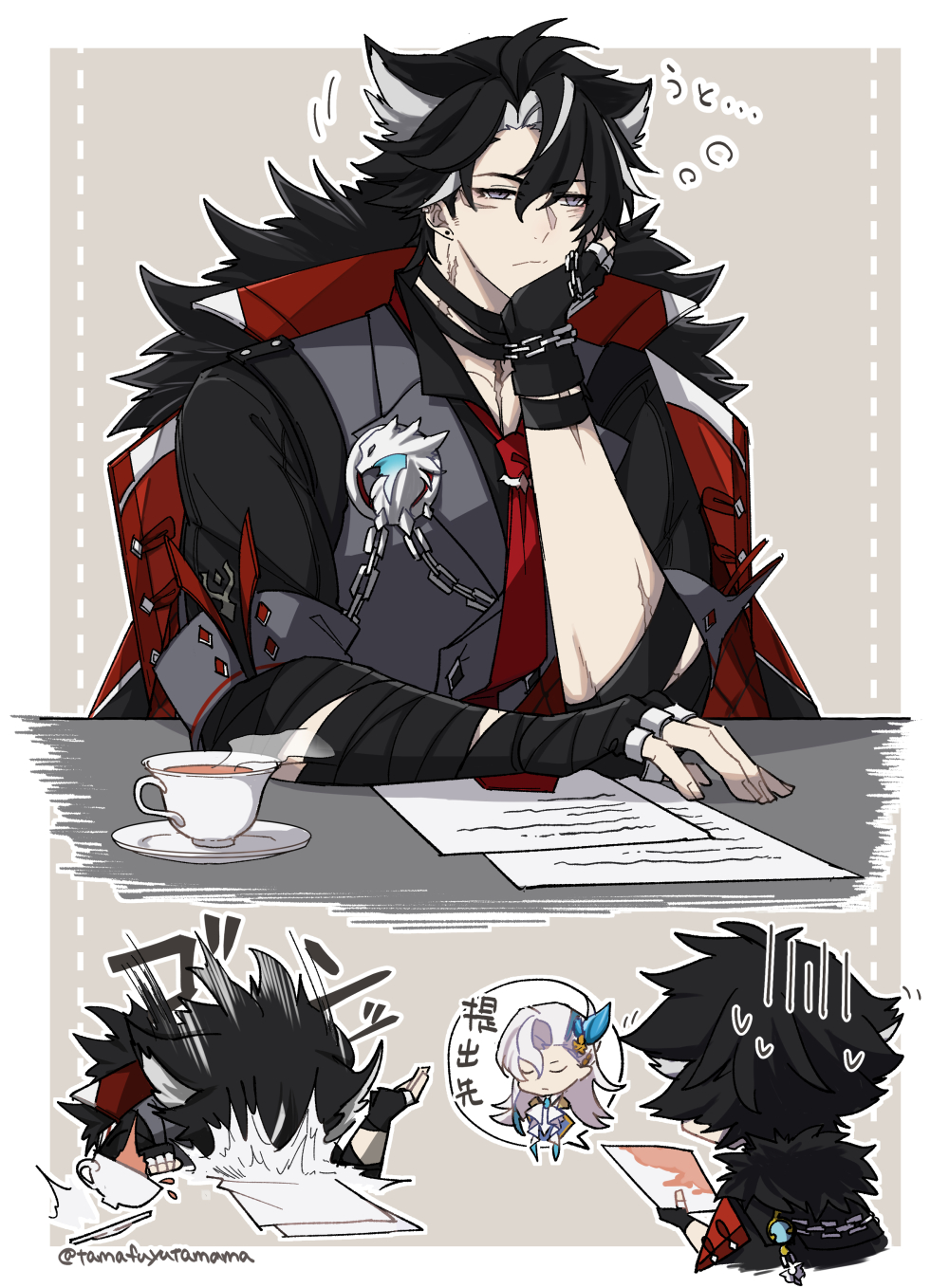 2boys, artist_name, bandaged_arm, bandaged_neck, bandages, black_coat, black_gloves, black_hair