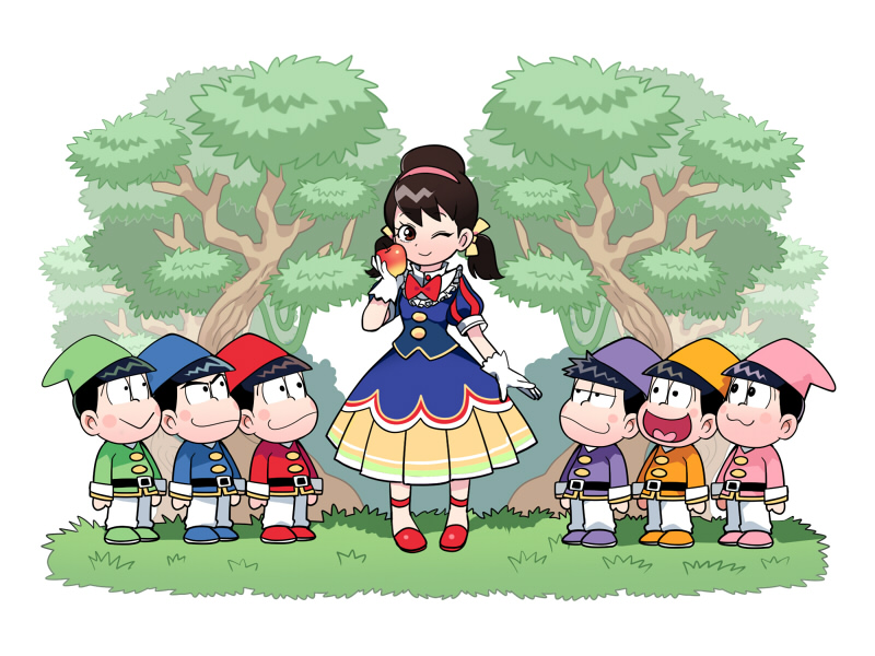 6+boys, apple, blue_dress, blue_headwear, bow, bowtie, brothers, buttons, cosplay, dress, dwarf, elf_hat, food, forest, fruit, garara382, green_headwear, headband, holding, holding_food, holding_fruit, low_twintails, multiple_boys, nature, one_eye_closed, osomatsu-san, osomatsu_(series), pink_headwear, purple_headwear, red_bow, red_bowtie, red_footwear, red_headwear, sextuplets, short_twintails, siblings, snow_white_(fairy_tale), snow_white_(fairy_tale_character), snow_white_(fairy_tale_character)_(cosplay), tree, twintails, white_background, yellow_headwear, yowai_totoko