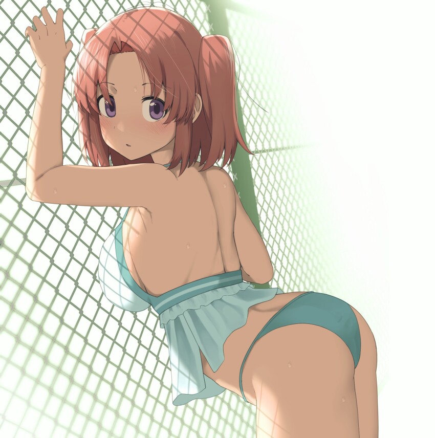 1girl, against_fence, aqua_bikini, arm_up, ass, back, bare_arms, bare_shoulders