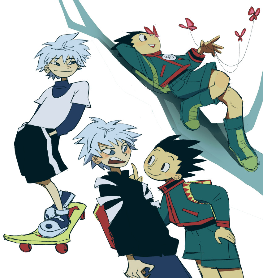 2boys, black_hair, black_shorts, blush, closed_mouth, commentary, english_commentary, gon_freecss