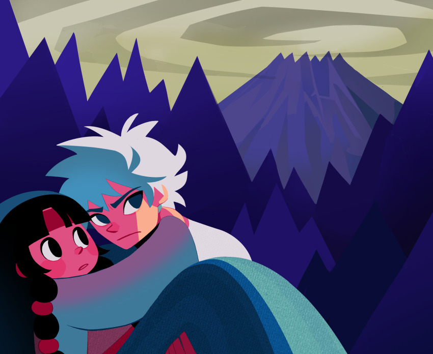 1boy, 1girl, alluka_zoldyck, black_eyes, black_hair, brother_and_sister, carrying, closed_mouth