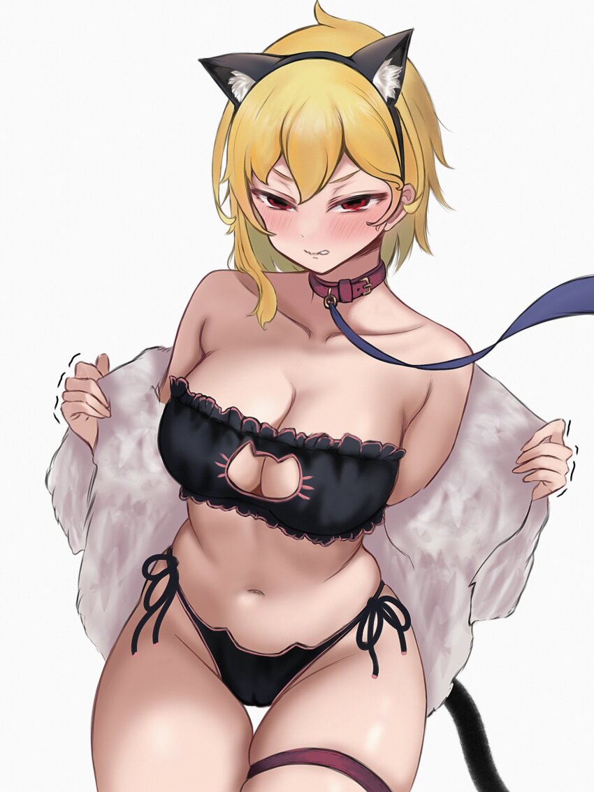 1girl, absurdres, alternate_costume, animal_ears, bare_shoulders, blonde_hair, blush, breasts, cat_cutout, cat_ears, cat_lingerie, cat_tail, cleavage_cutout, clenched_teeth, clothing_cutout, collar, collarbone, elds, fake_animal_ears, hairband, highres, hololive, hololive_indonesia, kaela_kovalskia, large_breasts, leash, looking_at_viewer, midriff, navel, panties, red_eyes, short_hair, simple_background, skindentation, solo, string_panties, tail, teeth, thigh_gap, thigh_strap, underwear, undressing, virtual_youtuber, white_background