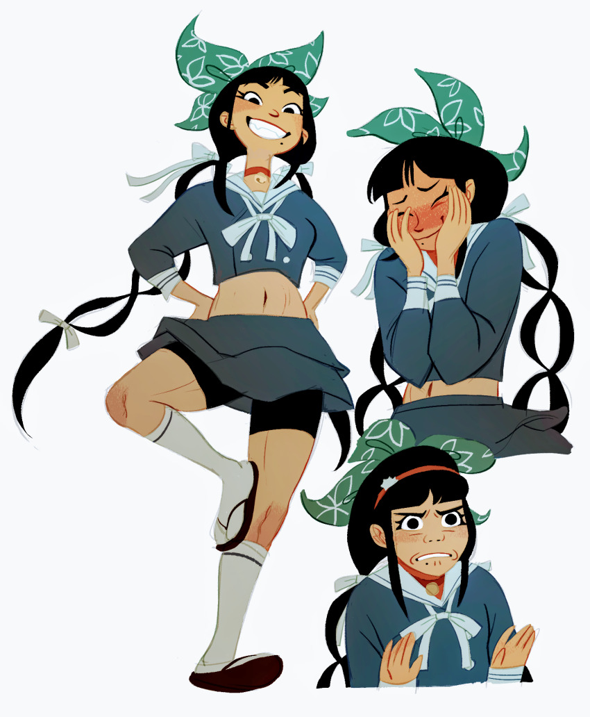 1girl, black_eyes, black_hair, black_shorts, blue_shirt, blue_skirt, blush, bow
