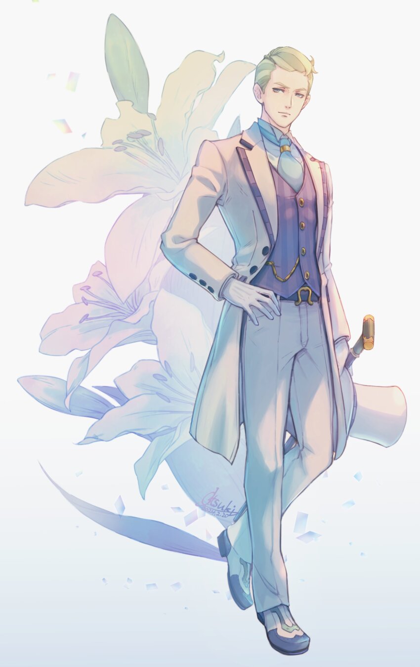 1boy, absurdres, ace_attorney, ashley_graydon, belt, blonde_hair, blue_eyes, blue_necktie