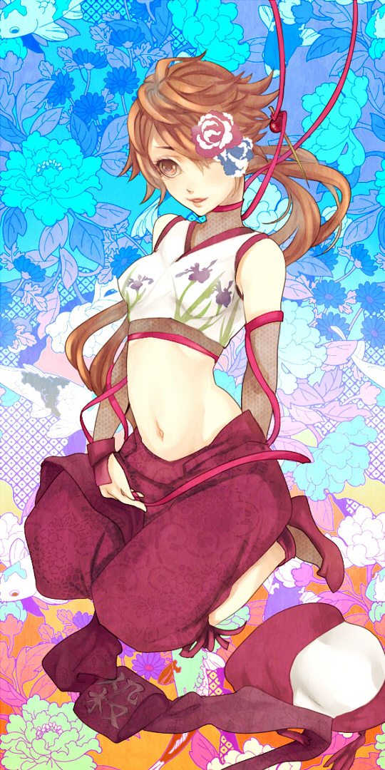 1girl, bare_shoulders, brown_eyes, brown_hair, detached_sleeves, female_focus, flower, full_body, hat, kunoichi_(sengoku_musou), long_hair, pants, ponytail, roken_brushwood, sengoku_musou, sitting, solo, tank_top
