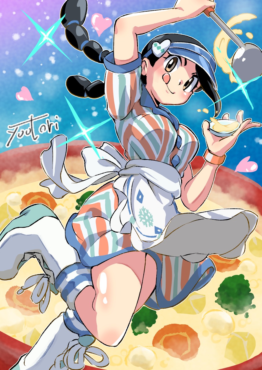 1girl, :p, apron, artist_name, black_hair, blue_hat, braid, brown_eyes