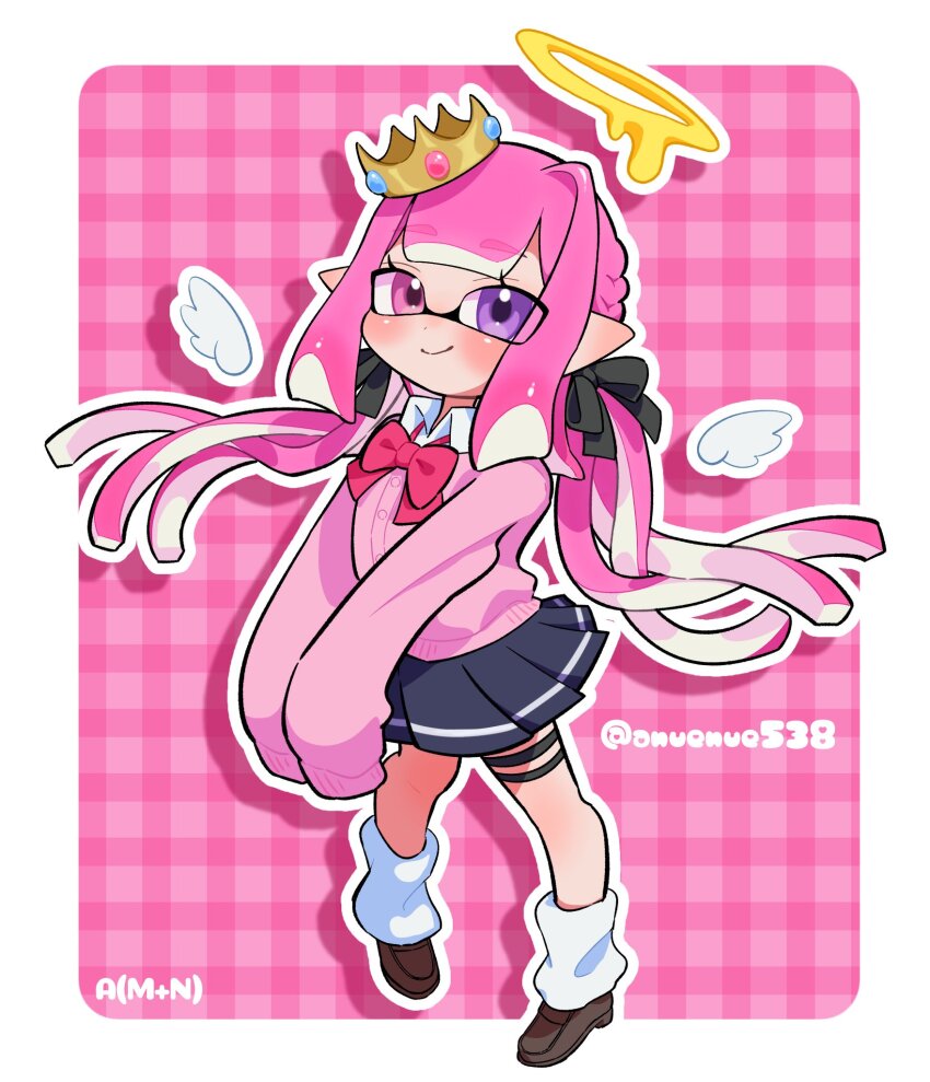 1girl, 95mana, black_bow, black_shoes, border, bow, bowtie, closed_mouth, commentary_request, commission, crown, detached_wings, eyelashes, full_body, hair_bow, halo, heterochromia, highres, inkling, inkling_girl, inkling_player_character, leg_warmers, long_hair, long_sleeves, looking_at_viewer, multiple_hair_bows, multiple_thigh_straps, nintendo, outside_border, pink_background, pink_eyes, pink_hair, pink_shirt, plaid_background, pleated_skirt, pointy_ears, purple_eyes, red_bow, red_bowtie, shirt, shoes, simple_background, skirt, sleeves_past_fingers, sleeves_past_wrists, smile, solo, splatoon_(series), tentacle_hair, thigh_strap, white_border, wings