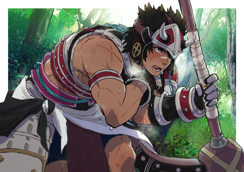 1boy, armband, armor, bandaid, bandaid_on_face, bandaid_on_nose, bara, black_gloves