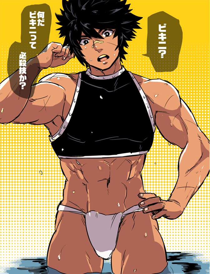 1boy, abs, bandaid, bandaid_on_face, bandaid_on_nose, bara, black_hair, eichi_(wild_chicken)
