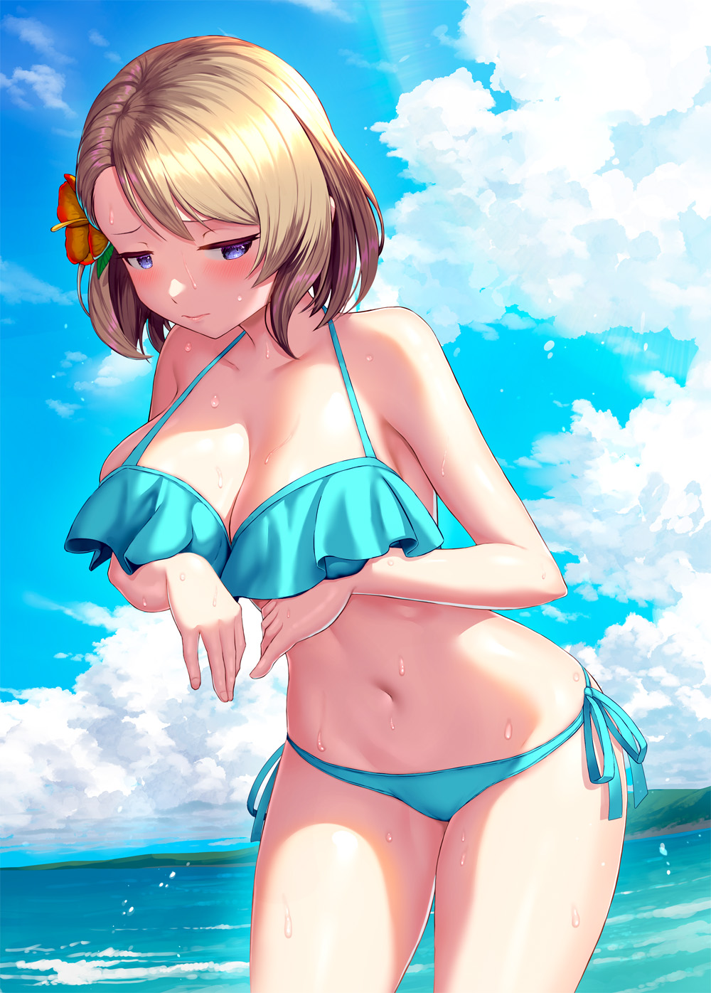 1girl, alternate_breast_size, arms_under_breasts, azur_lane, beach, bikini, blonde_hair, blue_bikini, blue_eyes, blue_sky, blush, breast_rest, breasts, brown_hair, cleavage, commentary_request, commission, day, embarrassed, flower, frilled_bikini, frills, frown, gradient_flower, hair_flower, hair_ornament, half-closed_eyes, highres, hip_focus, large_breasts, leaning_forward, looking_at_viewer, medium_hair, navel, ocean, orange_flower, outdoors, pixiv_commission, side-tie_bikini_bottom, sky, solo, swimsuit, thighs, wet, yellow_flower, yuuki1103, z23_(azur_lane)