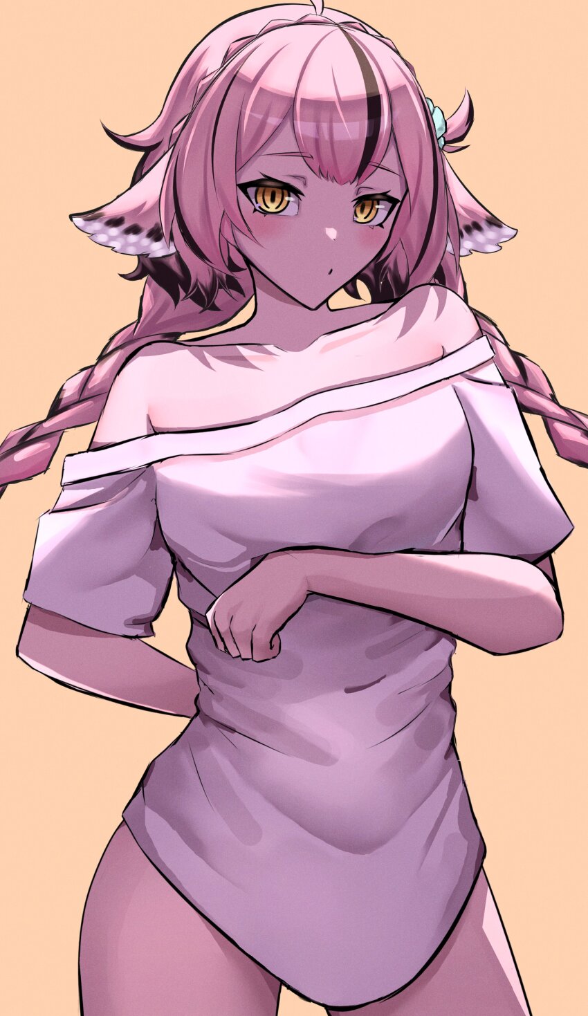 1girl, absurdres, ahoge, animal_ears, arm_behind_back, bare_shoulders, black_hair, braid