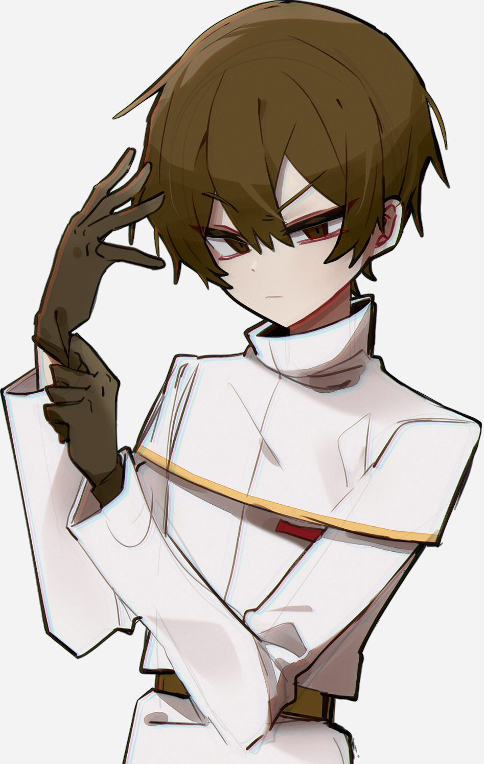 1boy, belt, brown_belt, brown_eyes, brown_gloves, brown_hair, capelet, closed_mouth, commentary_request, cowboy_shot, gloves, gold_trim, hair_between_eyes, highres, jabuchi_you, korean_commentary, long_sleeves, male_focus, p_(xop_7i), putting_on_gloves, saibou_shinkyoku, short_hair, simple_background, solo, v-shaped_eyebrows, white_background, white_capelet
