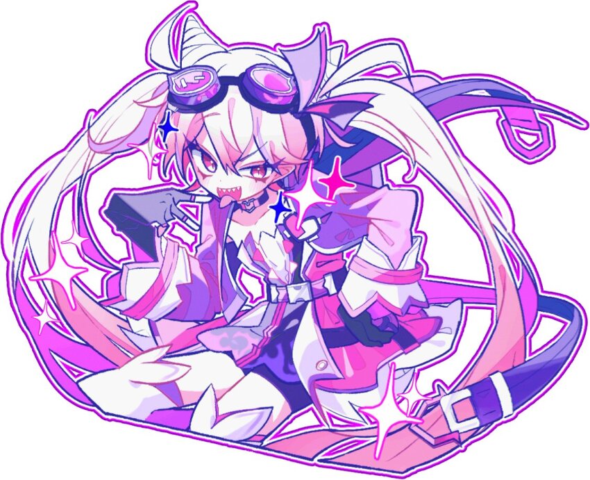 1girl, black_gloves, choker, commentary_request, cone_hair_bun, crossed_bangs, double_bun, elsword, fingerless_gloves, flat_chest, gloves, goggles, goggles_on_head, hair_bun, heart, heart_choker, heart_o-ring, jacket, korean_commentary, laby_(elsword), long_hair, o-ring, open_clothes, open_jacket, open_mouth, p_(xop_7i), pink_background, pink_eyes, pink_hair, pink_jacket, sharp_teeth, simple_background, smile, solo, sparkle, teeth, tongue, tongue_out, twins_picaro_(elsword), twintails, white_background