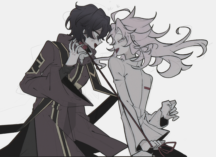 2boys, black_hair, colored_eyelashes, commentary_request, hatsutori_hajime, highres, holding, holding_leash