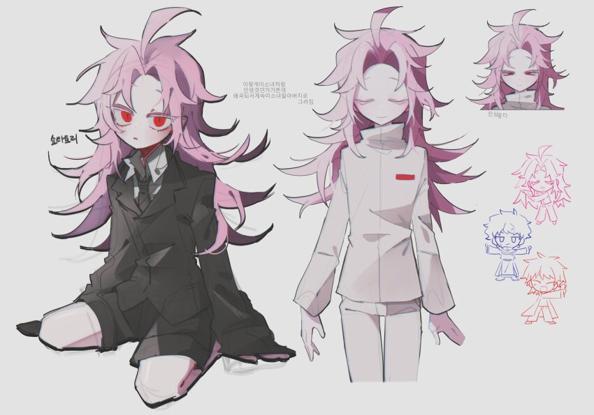 3boys, absurdres, ahoge, black_gloves, black_jacket, black_necktie, chibi, closed_eyes