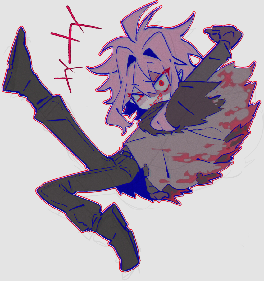 +++, 1boy, ahoge, black_gloves, black_shirt, black_shoes, blood, blood_on_clothes