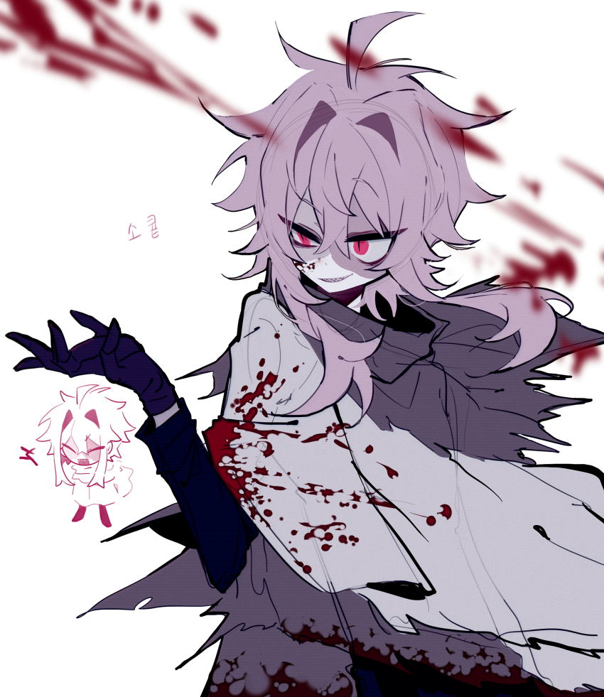 1boy, ahoge, alternate_eye_color, black_gloves, black_shirt, blood, blood_on_clothes, blood_on_face