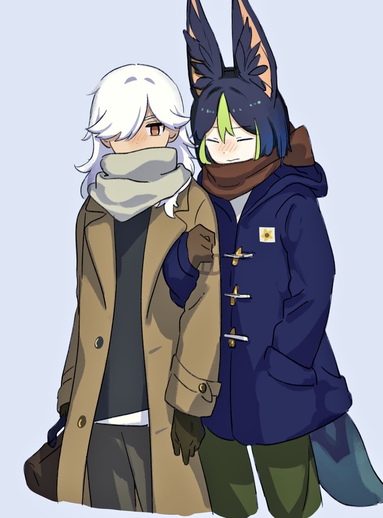 2boys, animal_ear_fluff, animal_ears, bag, black_hair, black_shirt, blue_coat, blush