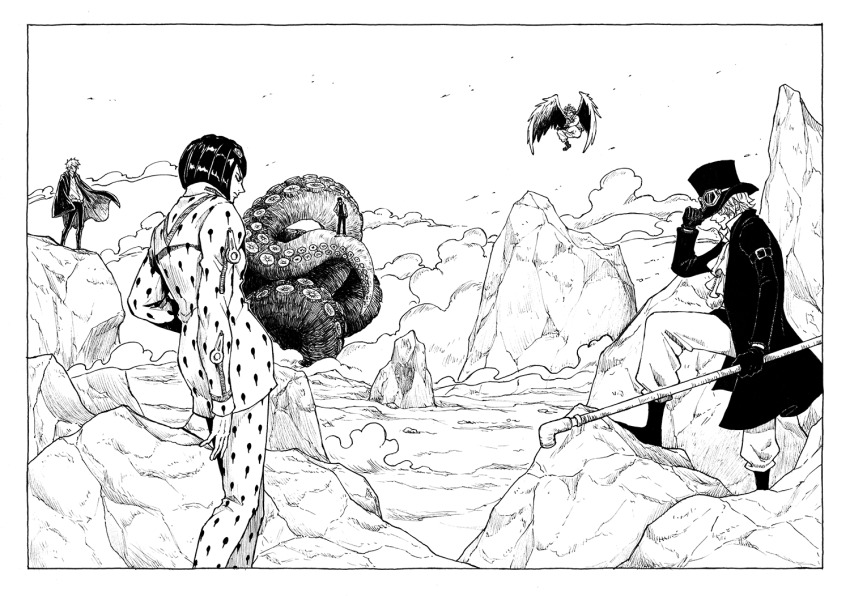 5boys, ascot, black_hair, black_robe, bob_cut, boku_no_hero_academia, bruno_bucciarati, chainsaw_man, crossover, flying, hat, hawks_(boku_no_hero_academia), jojo_no_kimyou_na_bouken, lance_crown, lead_pipe, long_sleeves, love_helix, mashle, monochrome, multiple_boys, octopus, one_piece, outdoors, robe, sabo_(one_piece), short_hair, tentacles, top_hat, wings, yoshida_hirofumi