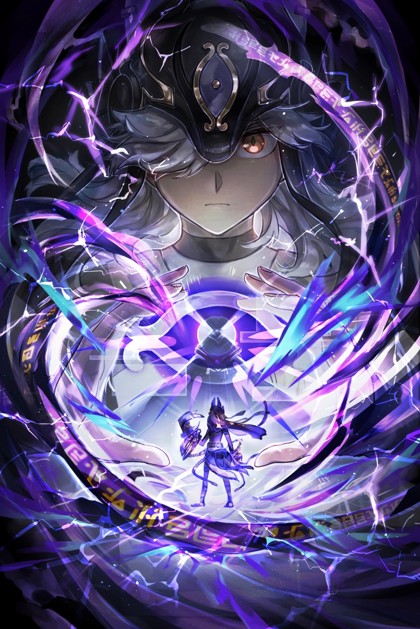 2boys, absurdres, ancient_egyptian_clothes, animal_ears, animal_hat, black_background, black_choker, black_headwear, black_shorts, choker, claws, closed_mouth, commentary_request, cyno_(genshin_impact), dark-skinned_male, dark_skin, electricity, energy, eye_of_horus, facing_away, fake_animal_ears, floating_hair, from_behind, frown, genshin_impact, gold_trim, hair_over_one_eye, hands_up, hat, hat_ribbon, highres, jackal_ears, kam_om3, long_hair, looking_at_viewer, male_focus, multiple_boys, one_eye_covered, parted_bangs, purple_ribbon, red_eyes, ribbon, serious, shorts, swept_bangs, upper_body, white_hair