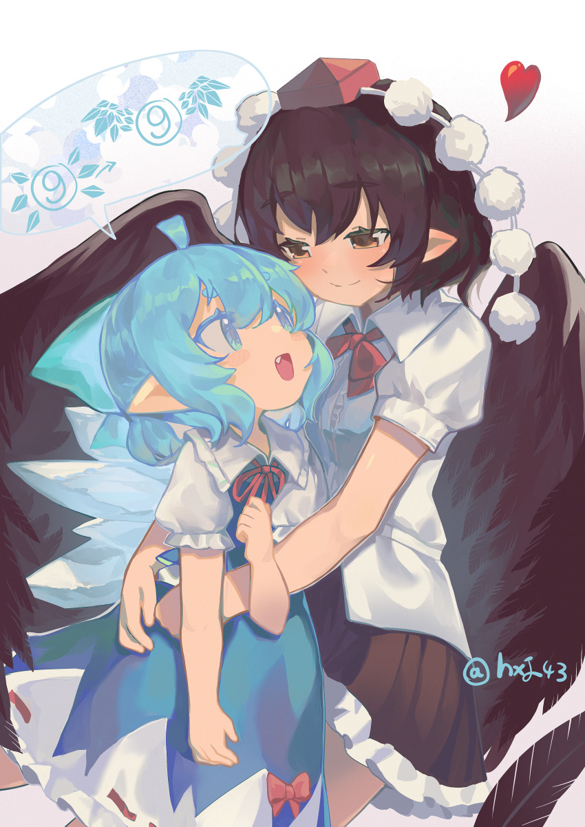 2girls, :d, absurdres, ahoge, arm_at_side, bird_wings, black_hair, black_skirt