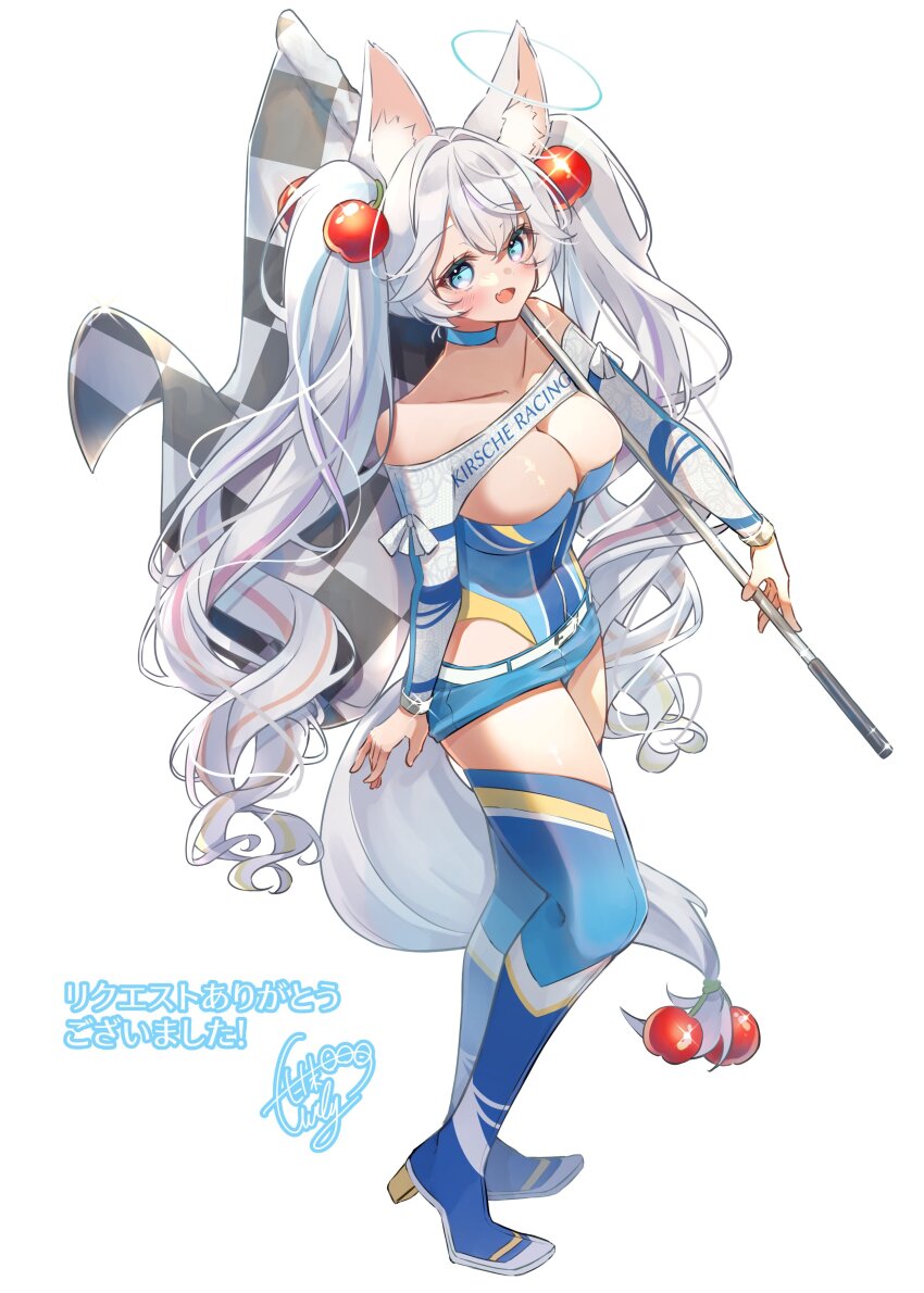 1girl, absurdres, animal_ear_fluff, animal_ears, bare_shoulders, belt, blue_boots, blue_choker, blue_eyes, blue_leotard, blue_skirt, boots, bow, breasts, brown_hair, checkered_flag, cherry_hair_ornament, cherry_ornament, choker, cleavage, collarbone, commission, drill_hair, fang, flag, food-themed_hair_ornament, fox_ears, fox_girl, fox_tail, green_hair, grey_hair, hair_ornament, halo, high_heel_boots, high_heels, highres, holding, holding_flag, indie_virtual_youtuber, kirsche_verstahl, large_breasts, leotard, long_hair, long_sleeves, multicolored_hair, open_mouth, pencil_skirt, pink_hair, purple_hair, race_queen, second-party_source, skin_fang, skirt, solo, streaked_hair, tail, thigh_boots, twintails, very_long_hair, virtual_youtuber, wanderlands_k, white_belt, white_bow