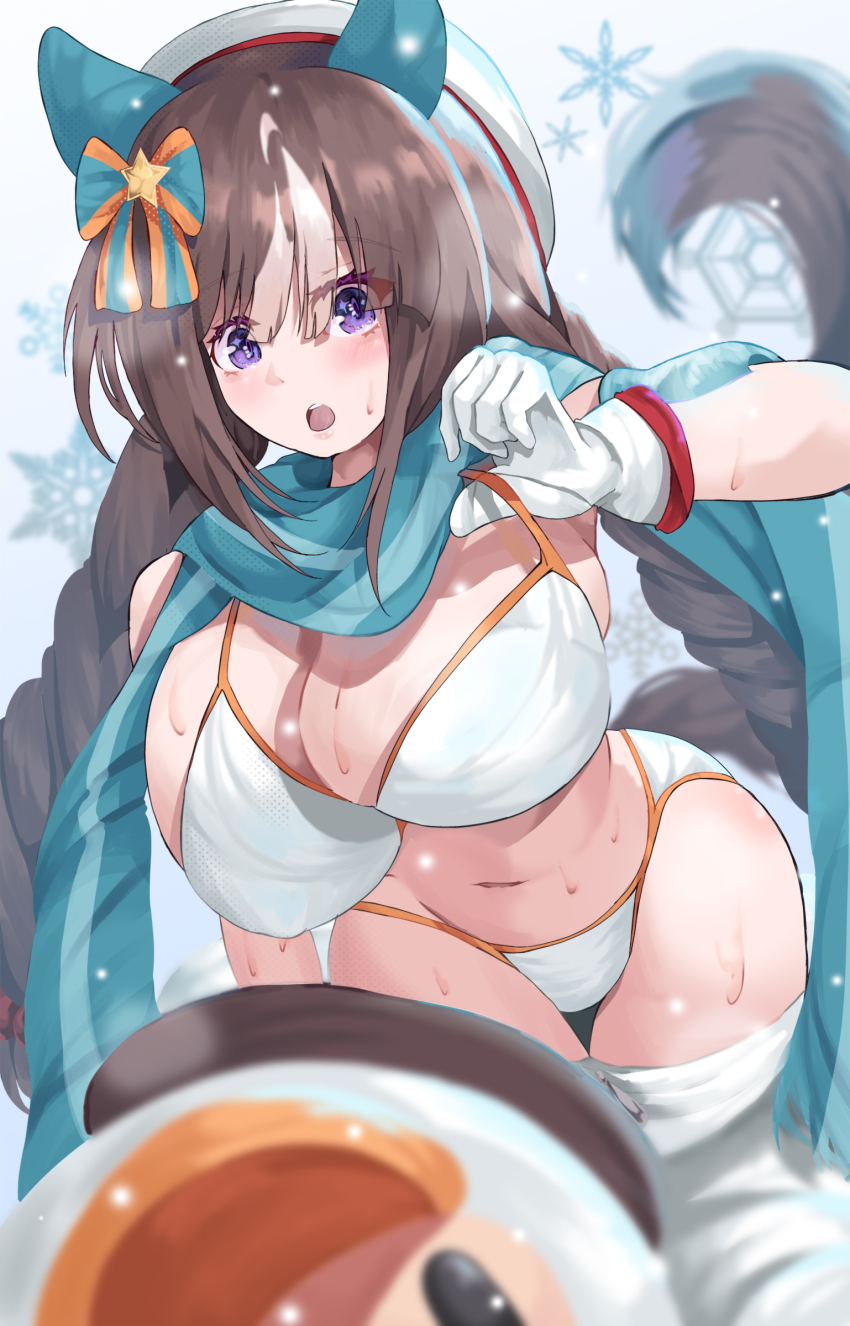 1girl, absurdres, alternate_costume, animal_ears, bikini, blue_scarf, blush, bonkareohagi