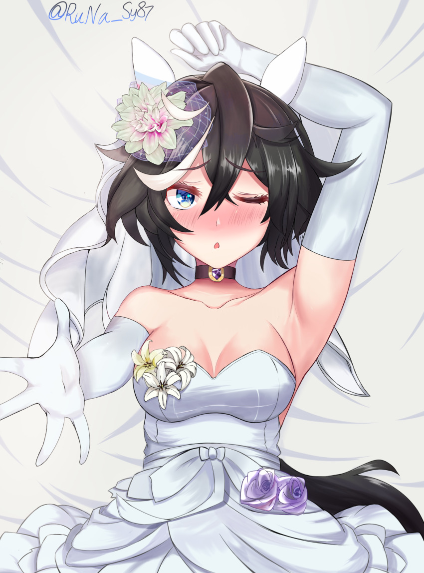 1girl, absurdres, alternate_costume, animal_ears, arm_up, black_hair, blush, breasts, bridal_veil, brown_choker, chestnut_mouth, choker, cleavage, commentary_request, dress, ear_covers, ear_ornament, elbow_gloves, gloves, hair_between_eyes, highres, horse_ears, horse_girl, horse_tail, katsuragi_ace_(umamusume), lying, medium_breasts, medium_hair, multicolored_hair, on_back, on_bed, one_eye_closed, outstretched_hand, ponytail, sakaki_yana, solo, streaked_hair, tail, twitter_username, umamusume, veil, wedding_dress, white_gloves, white_hair
