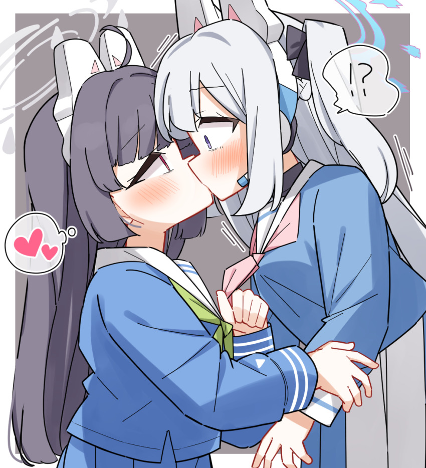!?, 2girls, black_hair, blue_archive, blue_serafuku, blue_shirt, blue_skirt, blush, braid, clothes_grab, dash_b, eye_contact, forceful_kiss, from_side, green_neckerchief, grey_background, grey_hair, halo, headgear, heart, highres, kiss, long_hair, long_sleeves, looking_at_another, miyako_(blue_archive), miyu_(blue_archive), multiple_girls, neckerchief, neckerchief_grab, pink_neckerchief, pleated_skirt, profile, puffy_long_sleeves, puffy_sleeves, purple_eyes, red_eyes, sailor_collar, school_uniform, serafuku, shirt, skirt, spoken_heart, spoken_interrobang, surprise_kiss, surprised, two-tone_background, very_long_hair, white_background, white_sailor_collar, yuri