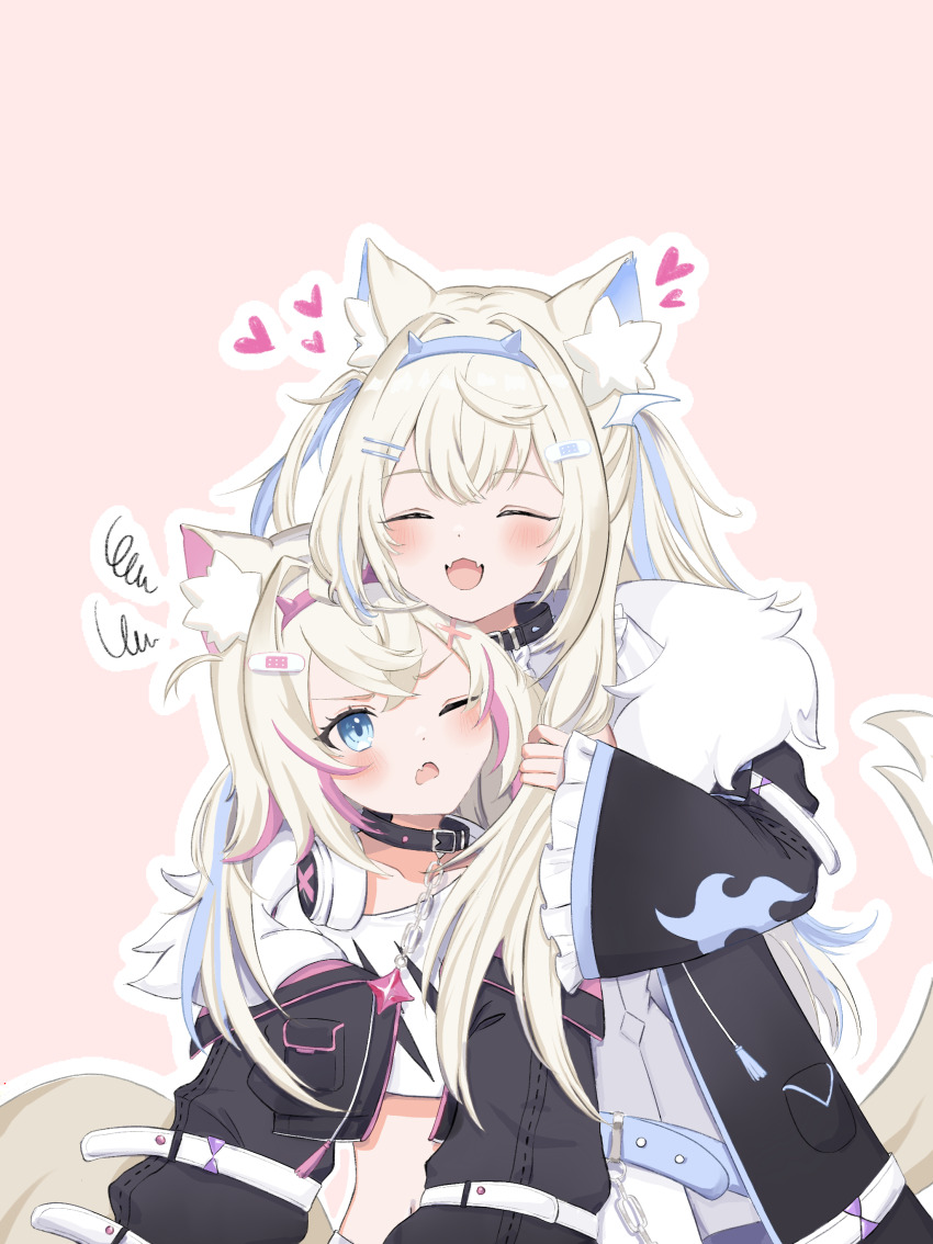 2girls, absurdres, animal_ear_fluff, animal_ears, bandaid, bandaid_hair_ornament, black_collar, black_jacket