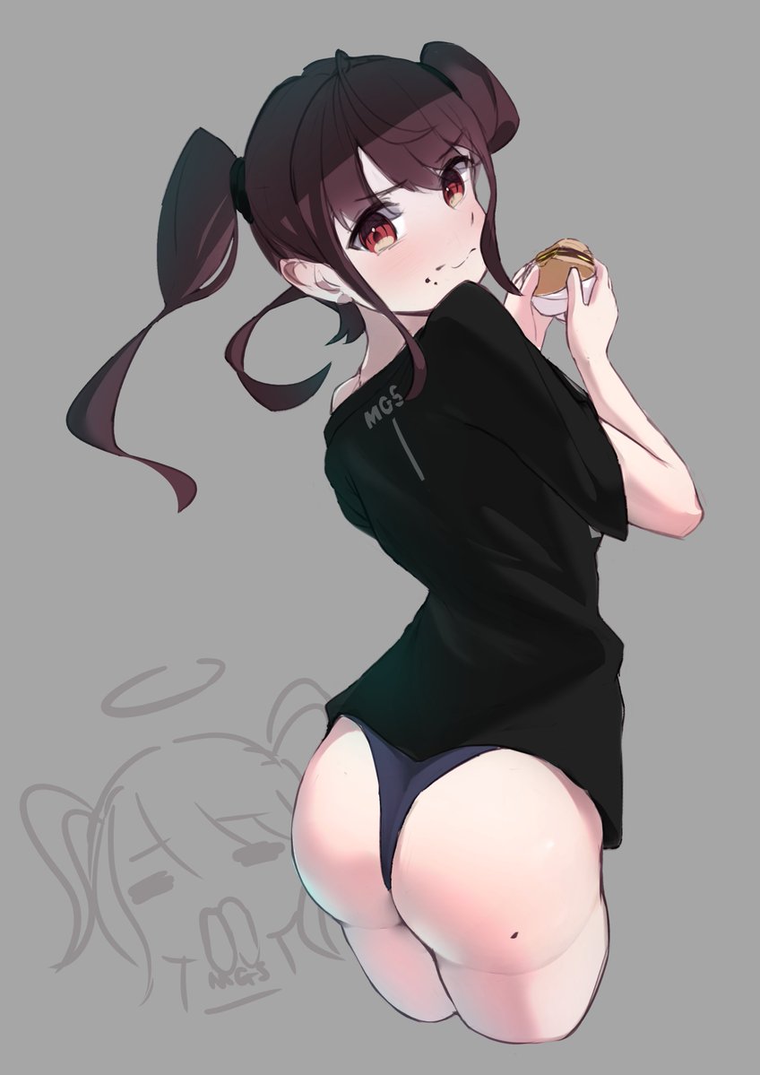 ass, black_shirt, blue_panties, blush, bongk, brown_hair, burger, dearsqn