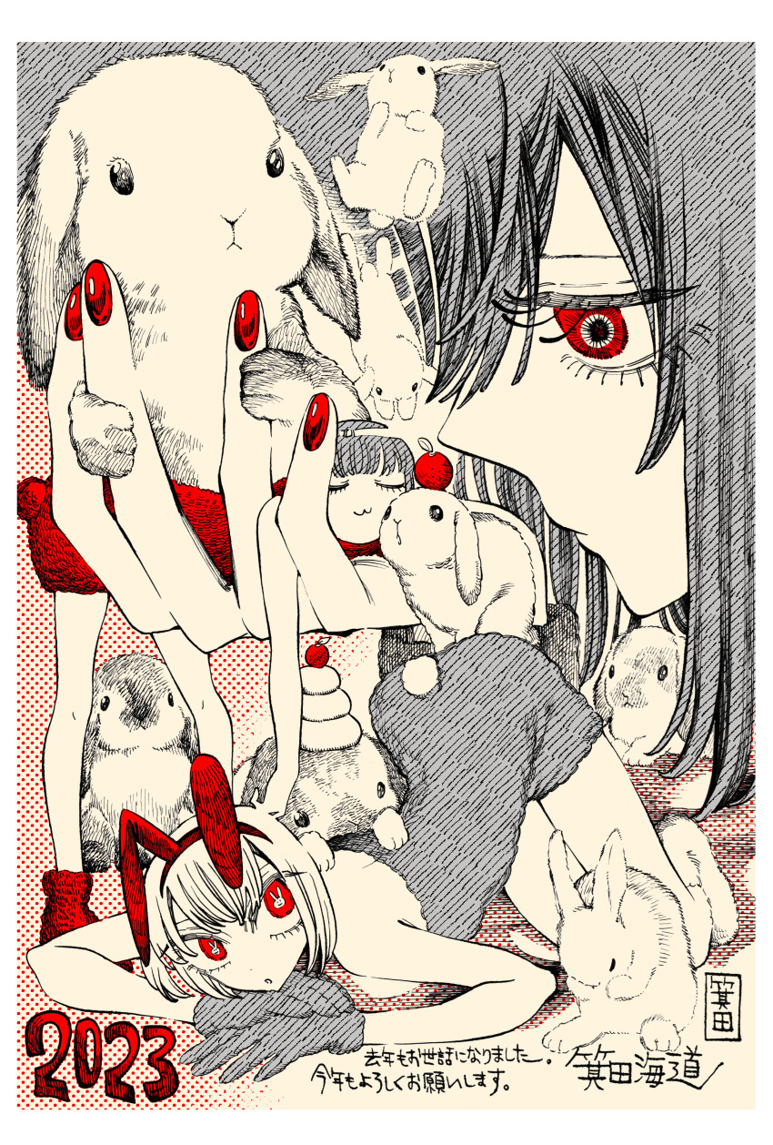 2023, 3girls, 6+others, :3, absurdres, animal_ears, black_hair, bob_cut, boots, border, chinese_new_year, chinese_text, chinese_zodiac, closed_eyes, closed_mouth, expressionless, fake_animal_ears, fake_tail, food, fruit, fur-trimmed_leotard, fur_boots, fur_gloves, fur_trim, hatching_(texture), highres, kagami_mochi, mandarin_orange, minoda_(mndh), multiple_girls, multiple_others, new_year, original, polka_dot, polka_dot_background, rabbit, rabbit_ears, rabbit_in_eyes, rabbit_tail, red_eyes, red_nails, sketch, spot_color, strapless, tail, too_many, too_many_rabbits, traditional_media, white_border, white_hair, white_rabbit_(animal), year_of_the_rabbit