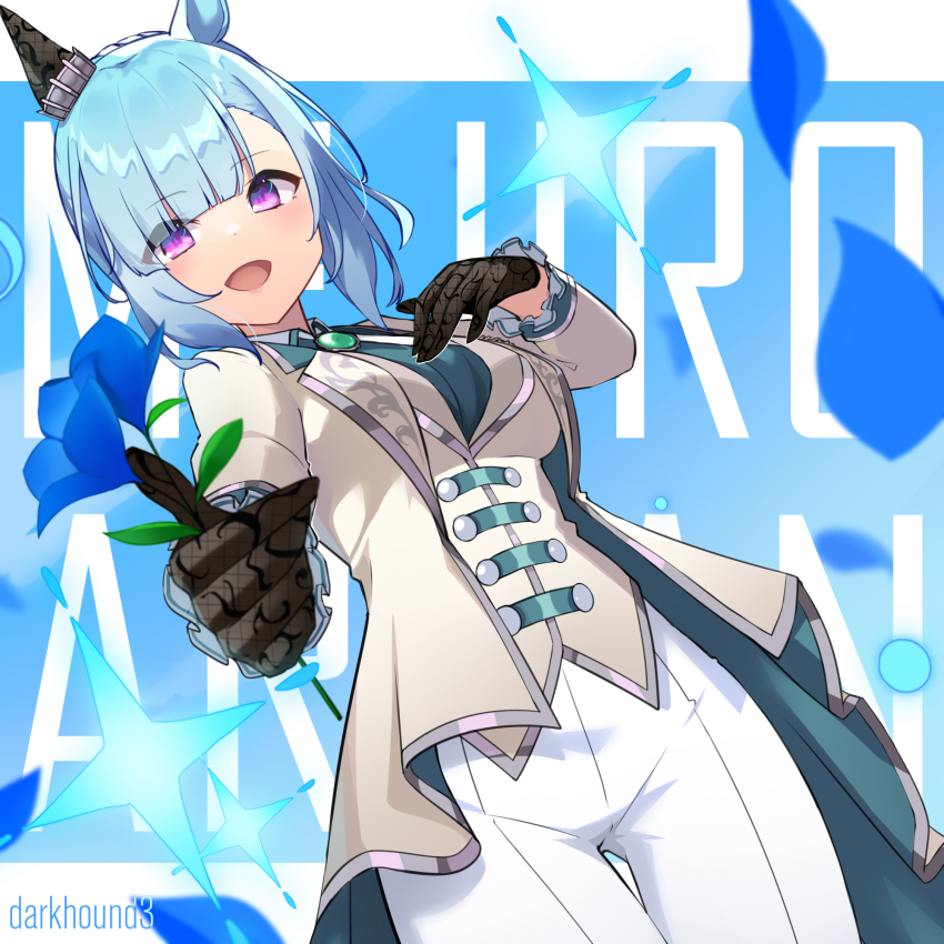 1girl, animal_ears, blue_hair, cowboy_shot, dark_hound_3, flower, highres, long_hair