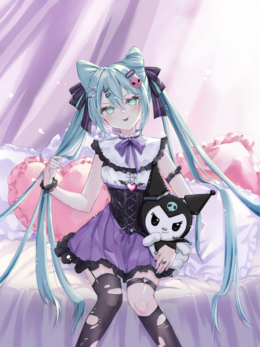 +_+, 2girls, :p, absurdres, arm_at_side, armlet, bat_wings, black_corset