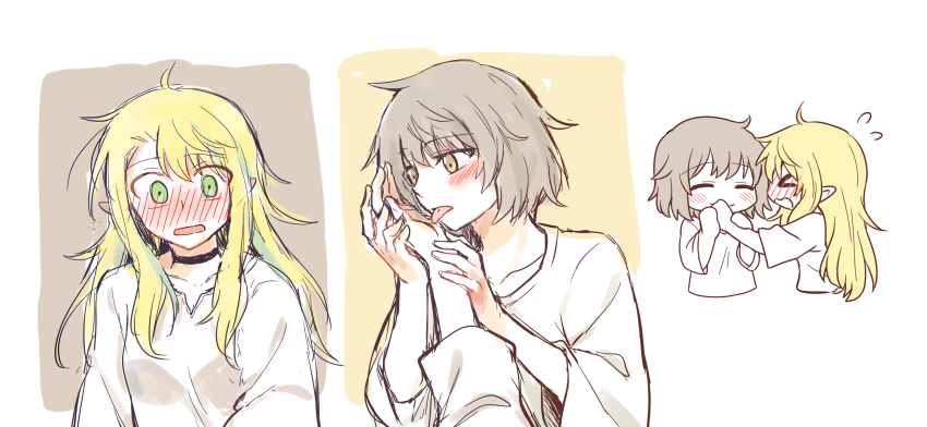 >_<, 2girls, black_choker, blonde_hair, blush, brown_eyes, choker, commentary_request