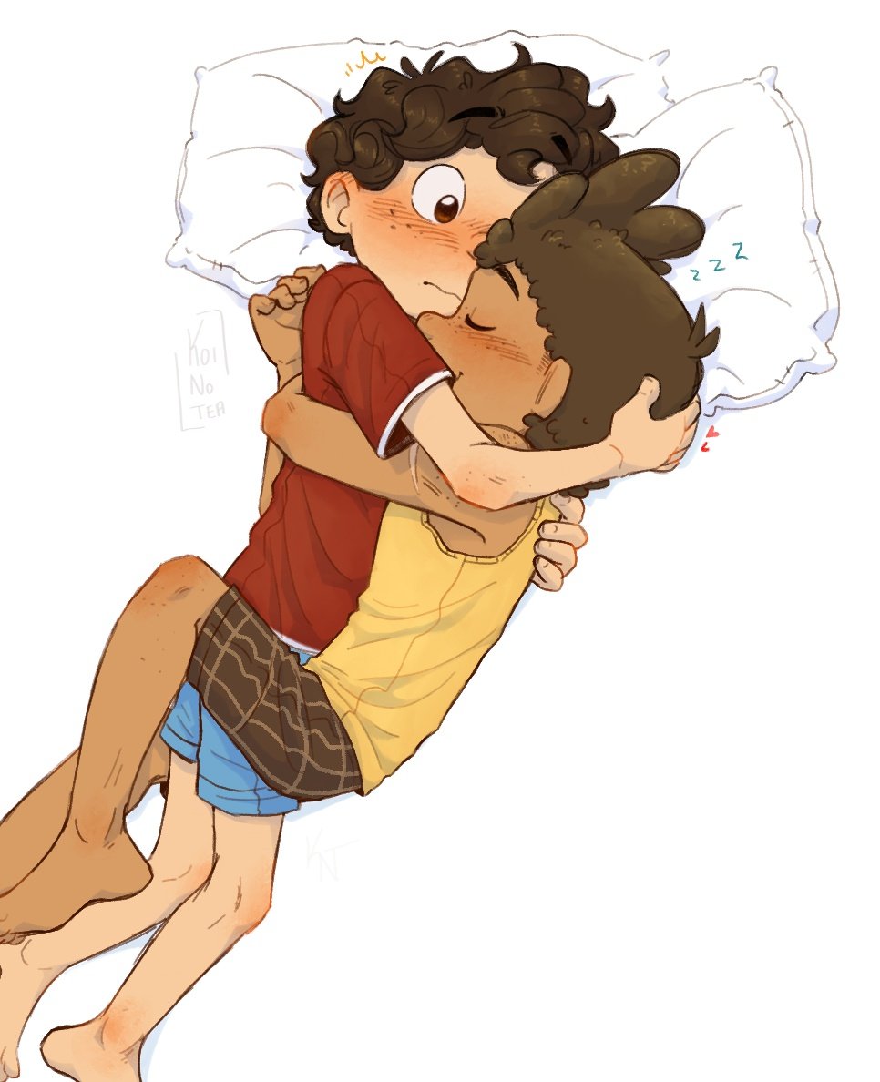 2boys, alberto_scorfano, barefoot, blush, clinging_to_each_other, commentary, dark-skinned_male, dark_skin, english_commentary, hug, interracial, koinotea, looking_at_another, luca_(pixar), luca_paguro, male_focus, multiple_boys, pillow, pixar, shorts, shota, simple_background, yaoi