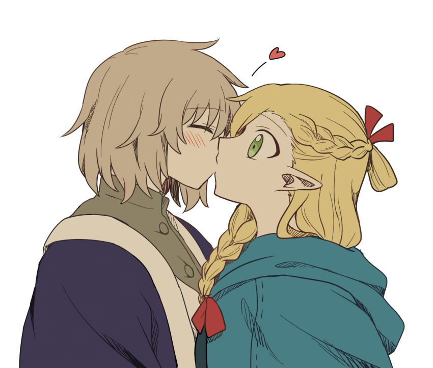 2girls, blonde_hair, blue_robe, blush, braid, brown_hair, closed_eyes, commentary_request