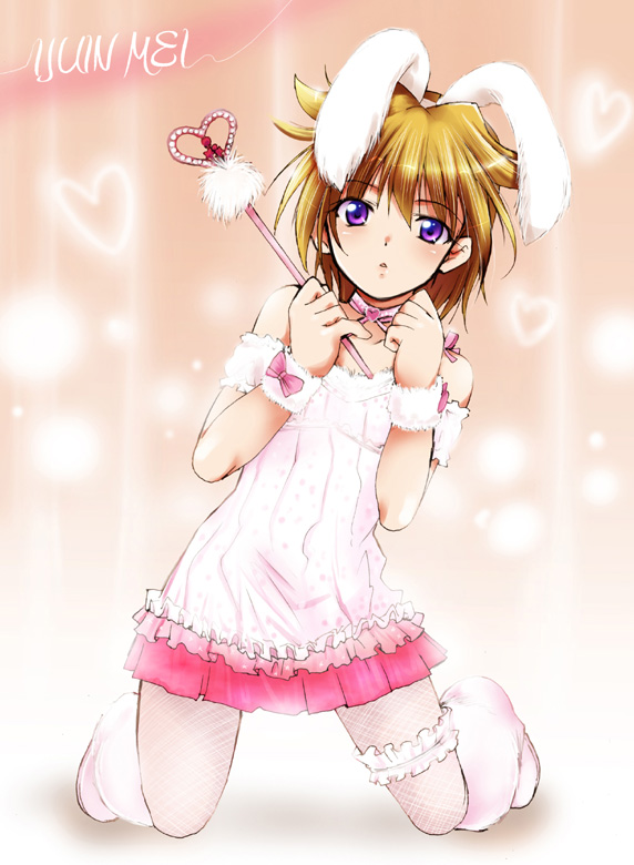 1girl, animal_ears, arm_garter, character_name, female_focus, fishnet_pantyhose, fishnets, frilled_thigh_strap