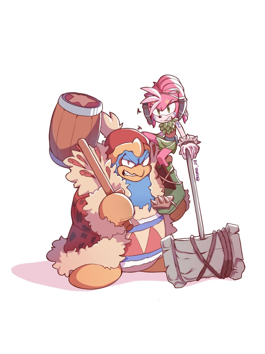 1boy, 1girl, amy_rose, animal_ear_piercing, artist_name, beak, blue_skin, boots, bracelet, brown_coat, brown_footwear, brown_gloves, coat, colored_skin, crossover, facepaint, full_body, fur-trimmed_coat, fur_trim, furry, furry_female, furry_male, gloves, green_eyes, green_footwear, green_skirt, highres, holding, holding_mallet, jewelry, king_dedede, kirby_(series), kumo_zd, leaf_clothing, looking_at_viewer, mallet, nintendo, open_clothes, open_coat, pink_fur, plant_clothing, red_eyes, red_headwear, simple_background, skirt, sonic_(series), sonic_prime, spiked_bracelet, spiked_footwear, spikes, thorn_rose, white_background
