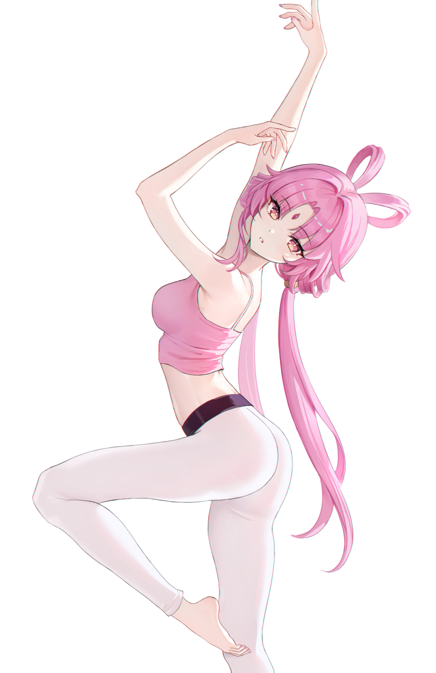 1girl, absurdres, alternate_costume, ass, bare_arms, bare_shoulders, breasts, camisole, commentary, crop_top, foot_out_of_frame, fu_xuan_(honkai:_star_rail), highres, honkai:_star_rail, honkai_(series), leggings, long_hair, looking_at_viewer, medium_breasts, midriff, pants, parted_lips, pink_eyes, pink_hair, sicle, solo, spaghetti_strap, standing, standing_on_one_leg, thighs, very_long_hair, white_pants