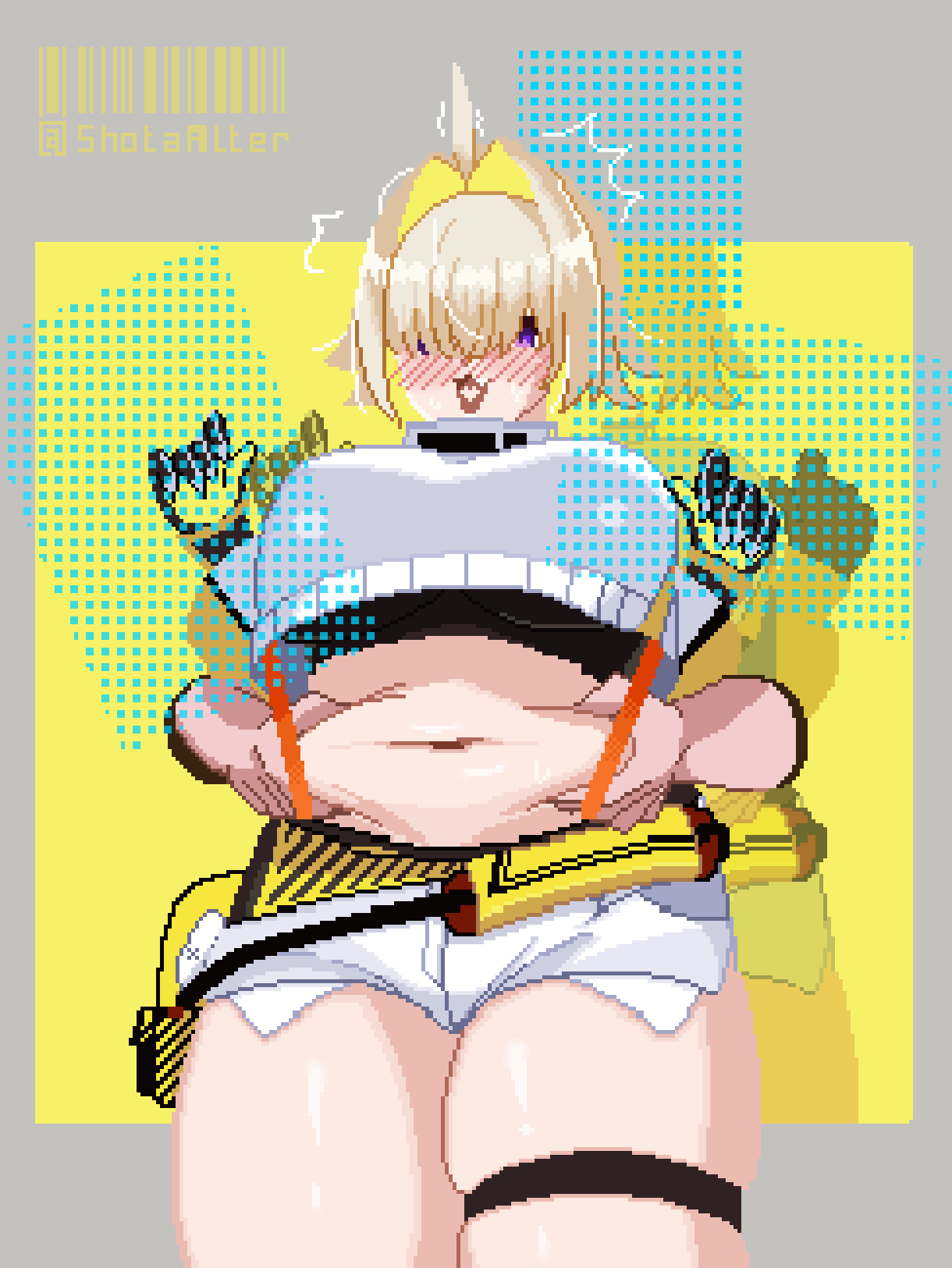 1girl, :3, ahoge, artist_name, barcode, blonde_hair, blush, border, breasts, cowboy_shot, disembodied_hand, elegg_(nikke), exposed_pocket, fang, gloves, goddess_of_victory:_nikke, grey_border, grey_shorts, hair_intakes, hair_over_eyes, hand_on_another's_stomach, heart, heart_in_mouth, highres, large_breasts, long_bangs, looking_at_viewer, medium_hair, multicolored_hair, navel, open_mouth, outside_border, pinching_another's_belly, pixel_art, plump, purple_eyes, short_hair, shorts, shotaalter, simple_background, solo_focus, suspender_shorts, suspenders, thick_thighs, thigh_strap, thighs, twitter_username, upright_ahoge, yellow_background