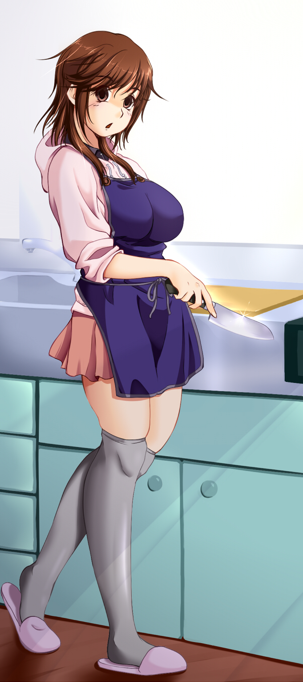 1girl, amagami, apron, bad_id, bad_pixiv_id, blush, breasts, brown_eyes, brown_hair, empty_eyes, female_focus, full_body, highres, ichirou, knife, large_breasts, looking_at_viewer, open_mouth, sakurai_rihoko, skindentation, slippers, solo, standing, thighhighs, yandere