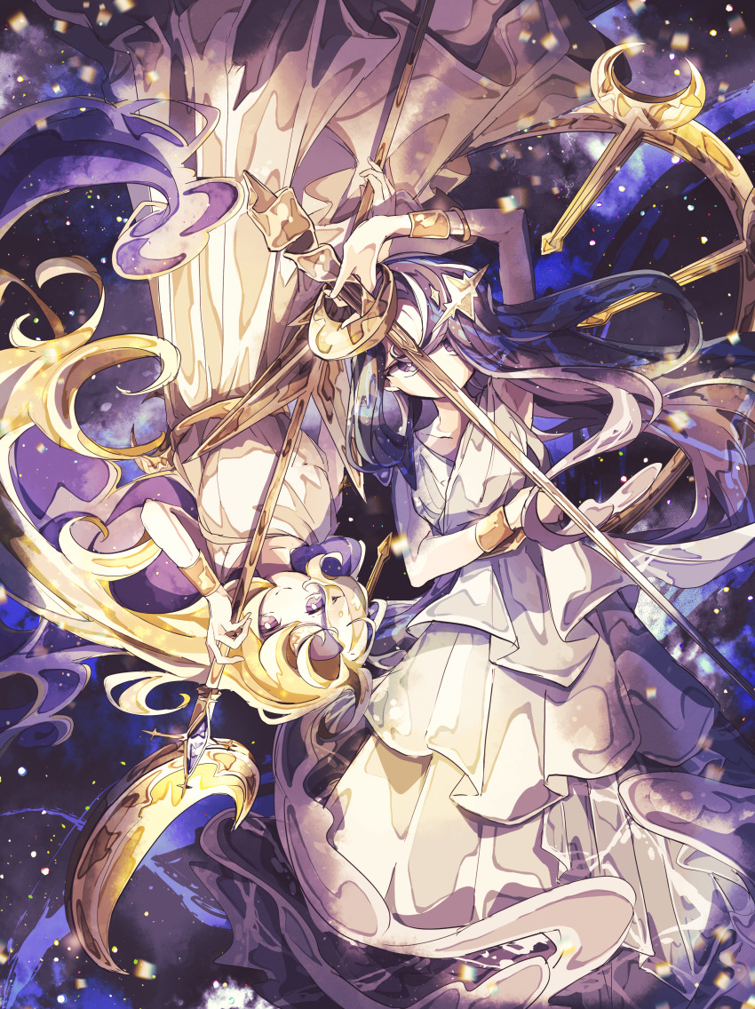 2girls, absurdres, arm_up, belt, blonde_hair, bright_pupils, colored_inner_hair, cookie_run