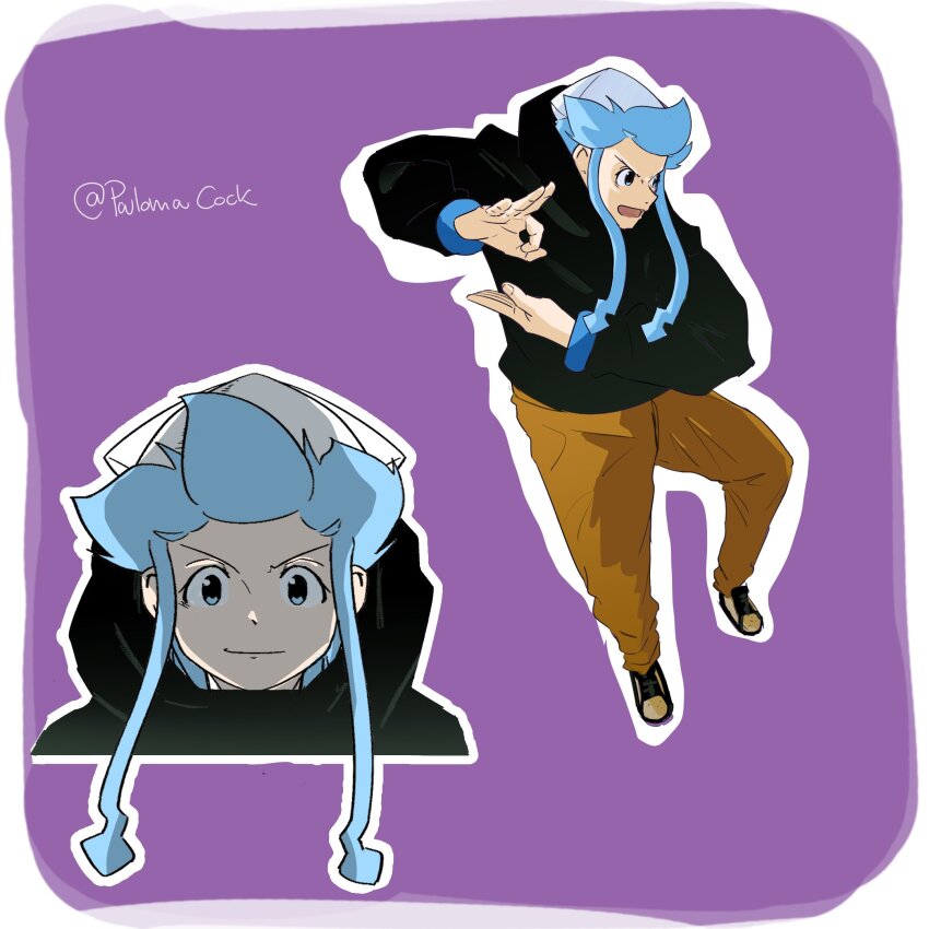 1girl, black_sweater, blue_hair, brown_pants, commentary, cosplay, english_commentary, hakari_kinji, hakari_kinji_(cosplay), hand_gesture, highres, ikamusume, jujutsu_kaisen, palomacock, pants, parody, purple_background, shinryaku!_ikamusume, simple_background, solo, squid_girl, sweater, tentacle_hair, white_headwear