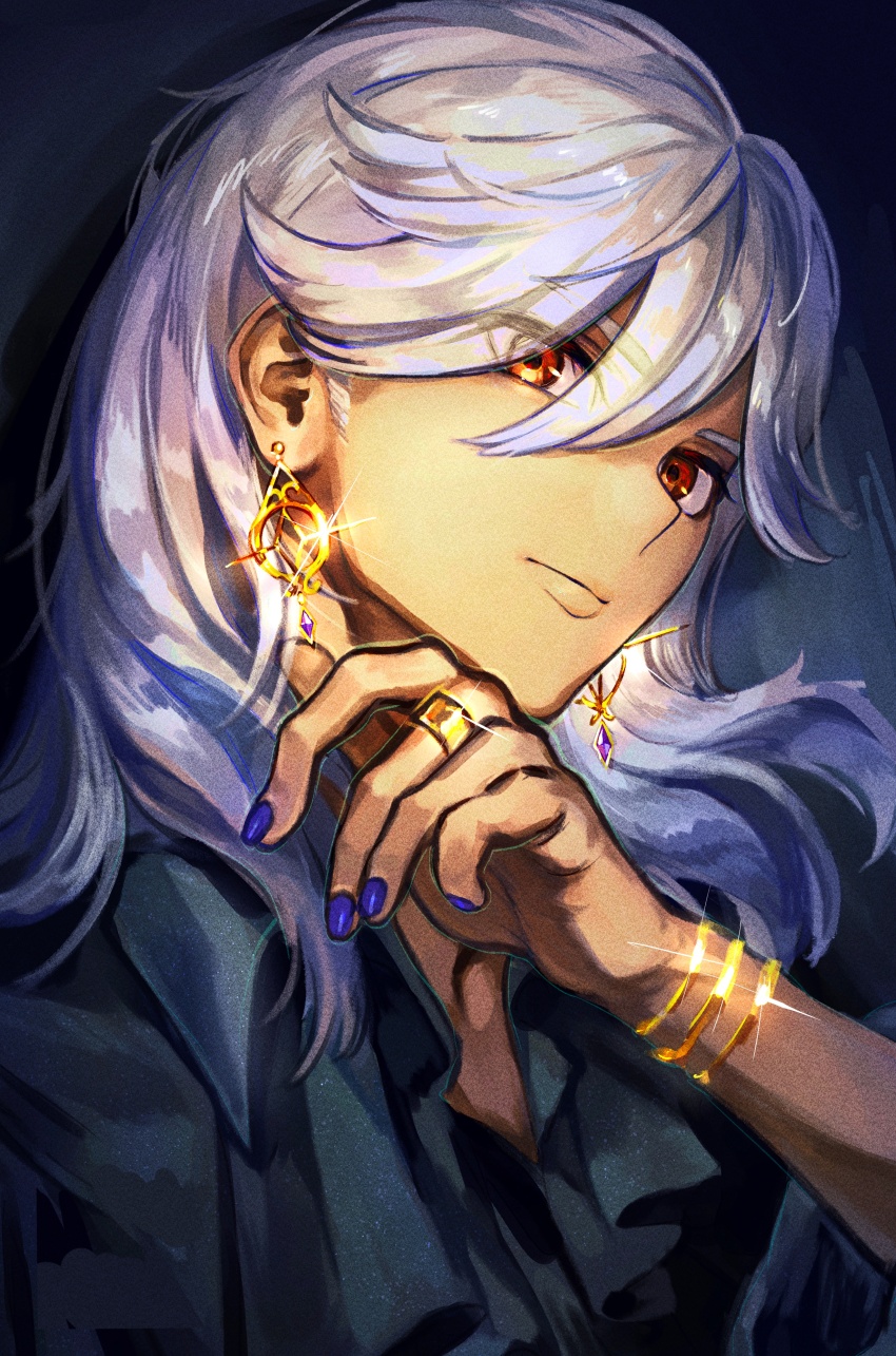 1boy, absurdres, bracelet, closed_mouth, collared_shirt, commentary_request, cyno_(genshin_impact), dark-skinned_male